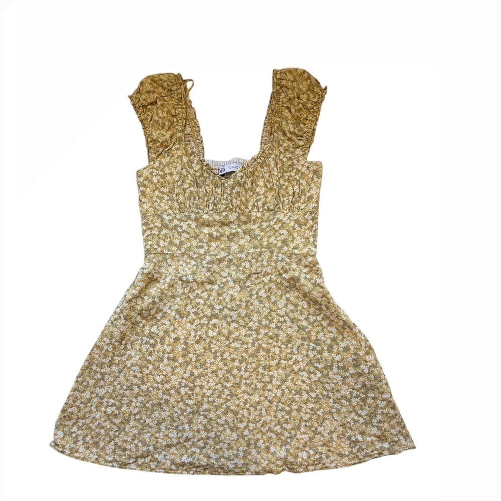 Zara Women Yellow Floral Mini Dress S Smocked Ruffle Linen Blend Summer Milkmaid